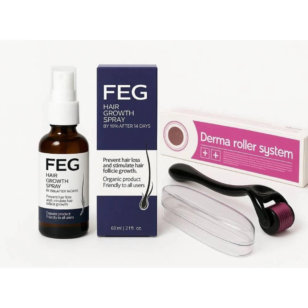 Pack of 2 FEG Hair Growth Spray Plus Derma Roller, Suitable For Both Men and Women.